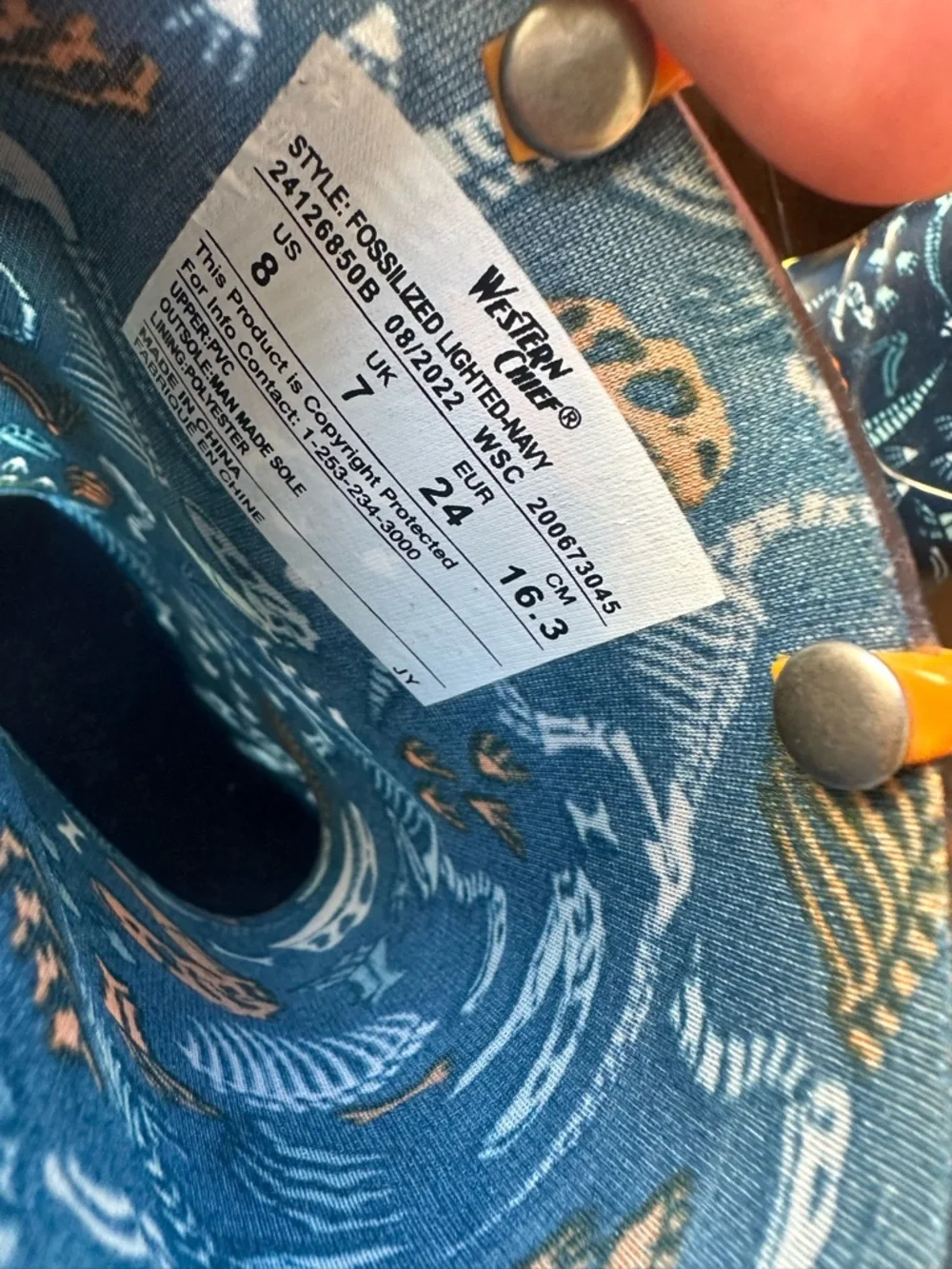 Western Chief Navy & Orange Dino-Print Kids Rain Boots